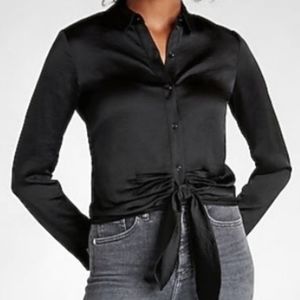 EXPRESS - button down black satin tie front portofino shirt